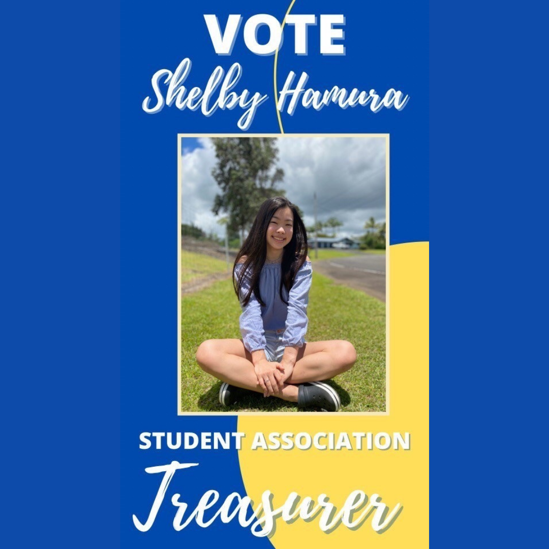 Vote Shelby Hamura - Student Association Treasurer. A photo of Shelby is included.