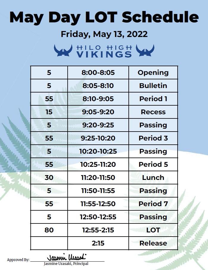 Bell Schedule for 5/13/2022